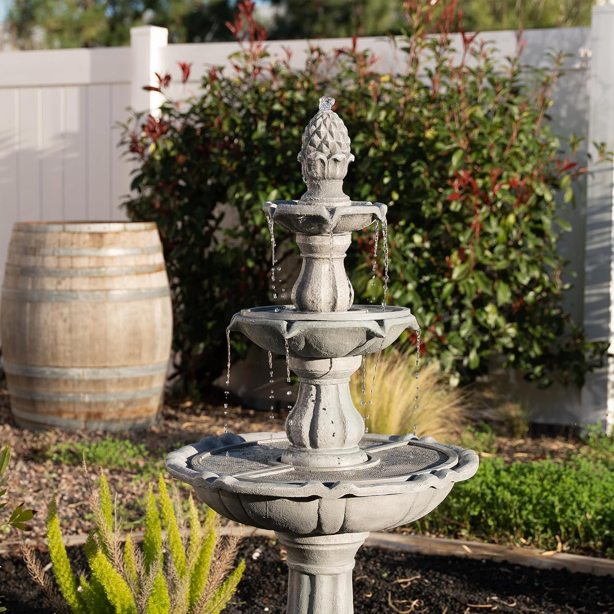 51 Inch 3 Tier Outdoor Waterfall Fountain, Weather Resistant Resin Freestanding Water Feature with Pump, Decorative Garden Fountain for Patio, Yard, Lawn, and Garden Decor, Gray