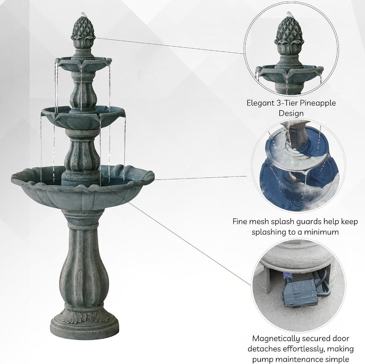 51 Inch 3 Tier Outdoor Waterfall Fountain, Weather Resistant Resin Freestanding Water Feature with Pump, Decorative Garden Fountain for Patio, Yard, Lawn, and Garden Decor, Gray