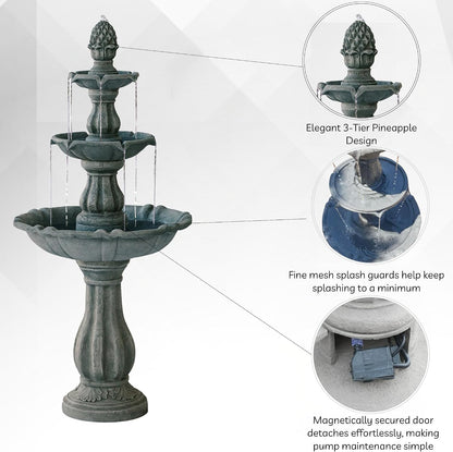 51 Inch 3 Tier Outdoor Waterfall Fountain, Weather Resistant Resin Freestanding Water Feature with Pump, Decorative Garden Fountain for Patio, Yard, Lawn, and Garden Decor, Gray