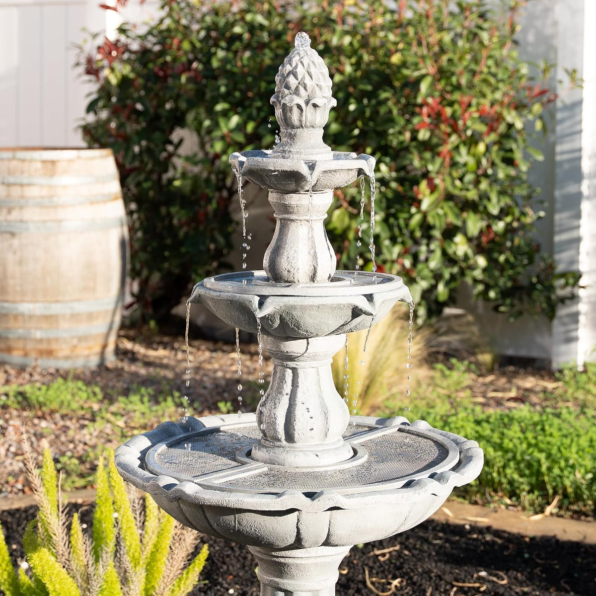 51 Inch 3 Tier Outdoor Waterfall Fountain, Weather Resistant Resin Freestanding Water Feature with Pump, Decorative Garden Fountain for Patio, Yard, Lawn, and Garden Decor, Gray