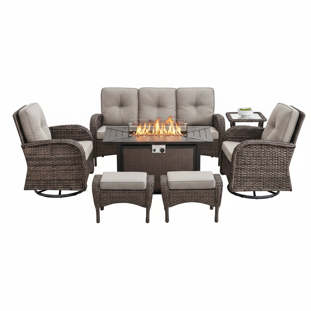 Outdoor Patio Furniture Set Designed for Year-Round Gatherings, 50,000 BTU Fire Pit, Weather-Resistant Wicker