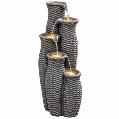 33" H Outdoor Water Fountain, 5-Tier Faux Rattan Vase Waterfall