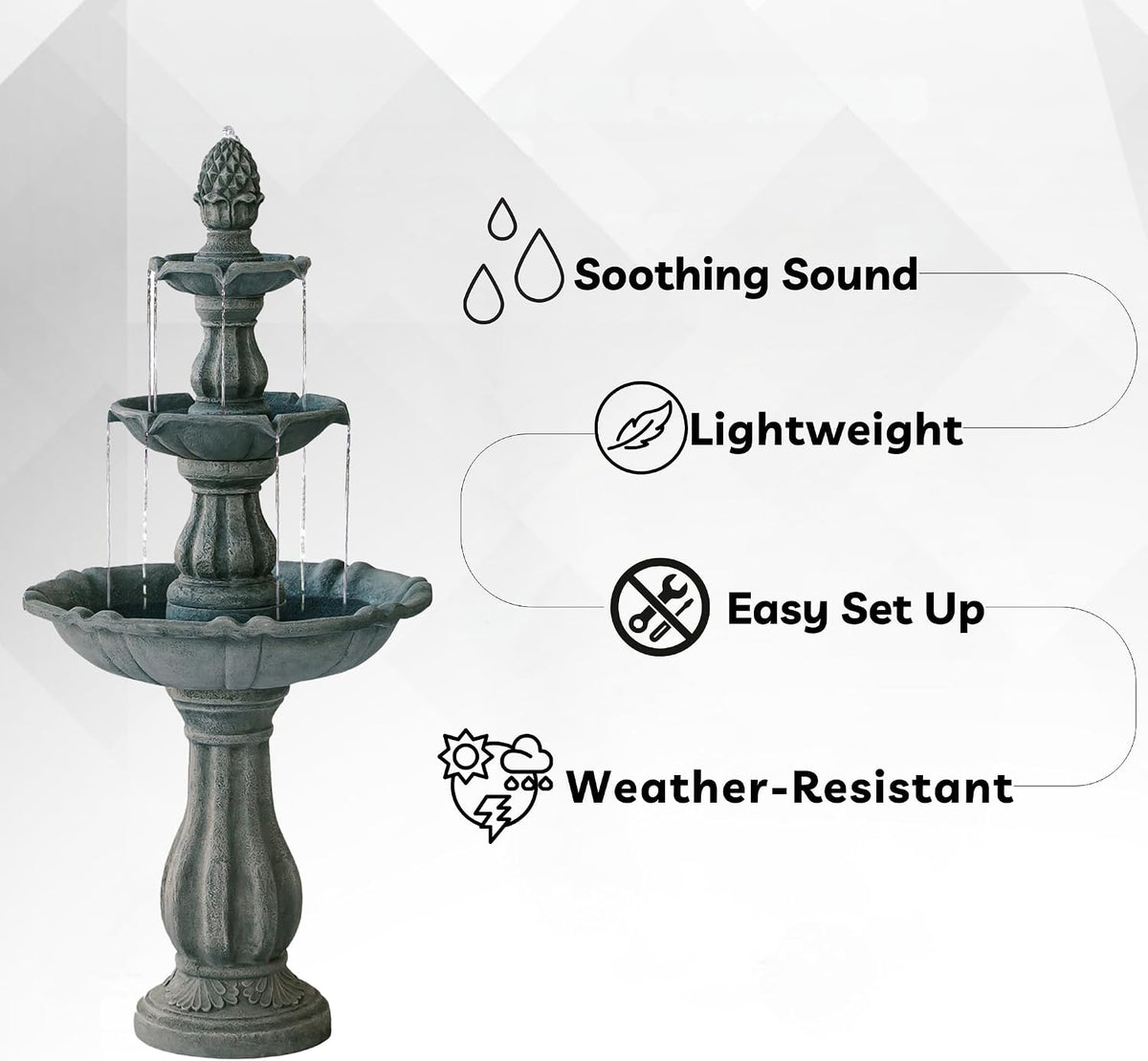 51 Inch 3 Tier Outdoor Waterfall Fountain, Weather Resistant Resin Freestanding Water Feature with Pump, Decorative Garden Fountain for Patio, Yard, Lawn, and Garden Decor, Gray