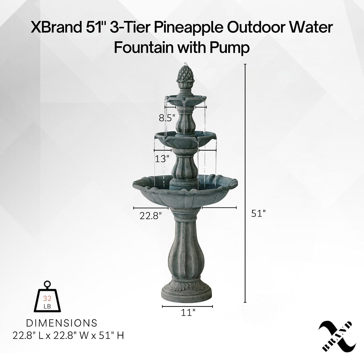 51 Inch 3 Tier Outdoor Waterfall Fountain, Weather Resistant Resin Freestanding Water Feature with Pump, Decorative Garden Fountain for Patio, Yard, Lawn, and Garden Decor, Gray