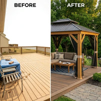 Hardtop Gazebo Built to Weather Year-Round, 12x18 Galvanized Steel Roof, Aluminum Frame, Mosquito Netting — Before & After